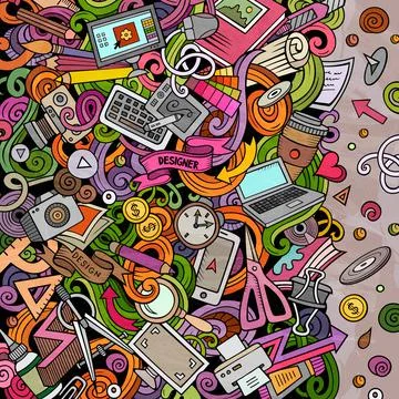 Cartoon vector doodles Design card. Artistic funny border. Stock-Illustration