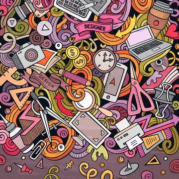 Cartoon vector doodles Design card. Artistic funny border. Stock-Illustration