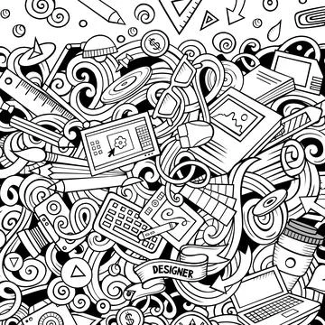 Cartoon vector doodles Design card. Artistic funny border. Stock-Illustration