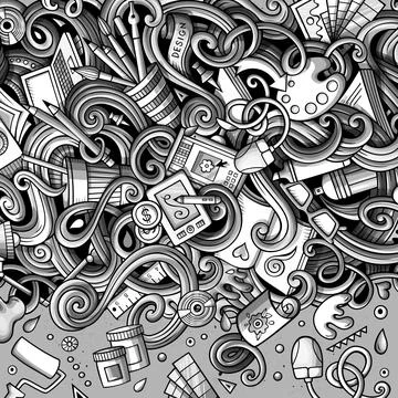Cartoon vector doodles Design card. Graphics with lots of objects illustratio Illustrazione stock