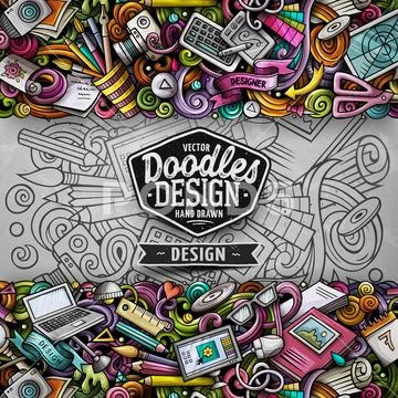 Cartoon vector doodles Design horizontal stripe card. Artistic funny border. Stock Illustration
