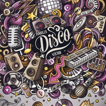 Cartoon vector doodles Disco music frame Stock Illustration
