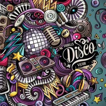 Cartoon vector doodles Disco music frame Stock Illustration