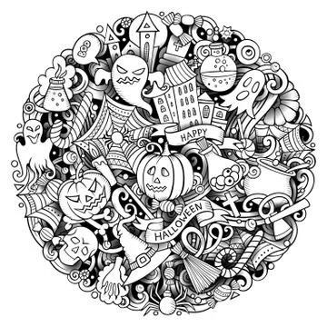 Cartoon vector doodles Happy Halloween illustration. Outline funny round picture Stock Illustration