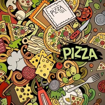 Cartoon vector doodles Pizza frame. Bright colors pizzeria funny border Stock Illustration