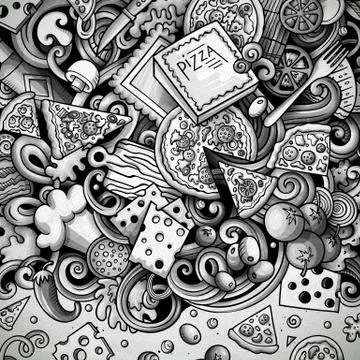 Cartoon vector doodles Pizza frame. Graphics pizzeria funny border Stock Illustration