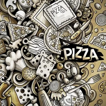 Cartoon vector doodles Pizza frame. Graphics pizzeria funny border Stock Illustration