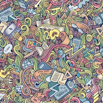 Cartoon vector doodles school seamless pattern 스톡 일러스트