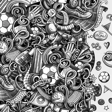 Cartoon vector doodles Soccer frame. Graphics football funny border Stock Illustration