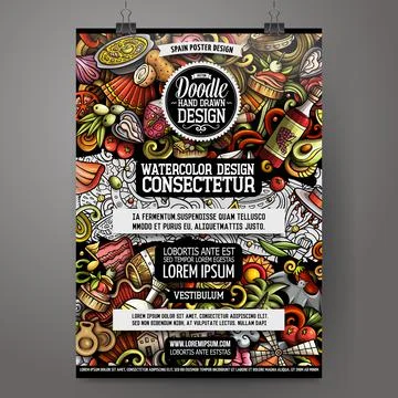 Cartoon vector doodles Spain poster template. Stock Illustration