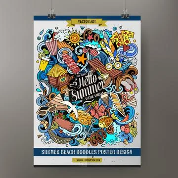 Cartoon vector doodles Summer Beach poster template. Stock Illustration
