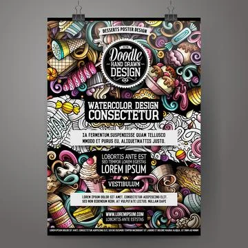 Cartoon vector doodles Sweets poster template. Stock Illustration