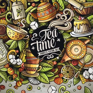 Cartoon vector doodles Tea time frame Stock Illustration