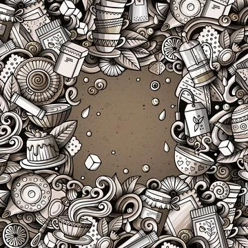 Cartoon vector doodles Tea time frame Stock Illustration