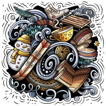 Cartoon vector doodles Winter illustration Illustrazione stock
