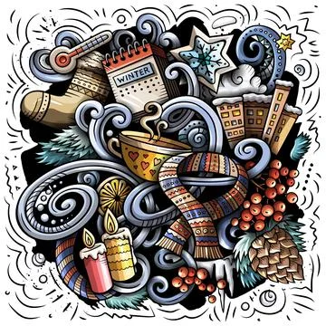 Cartoon vector doodles Winter illustration Stockillustratie