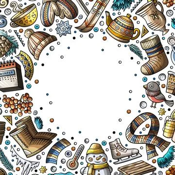 Cartoon vector doodles Winter objects frame card design イラスト素材