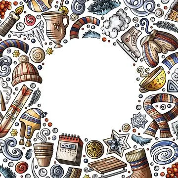 Cartoon vector doodles Winter objects frame card design Stock Illustration