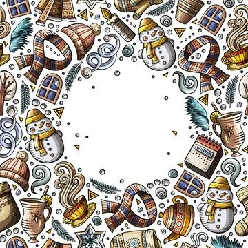 Cartoon vector doodles Winter objects frame card design Stock Illustration