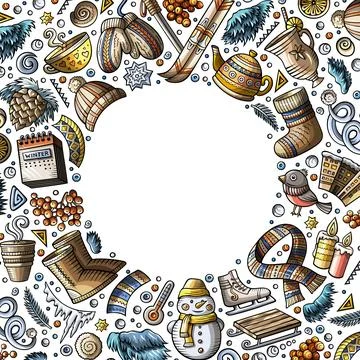 Cartoon vector doodles Winter objects frame card design Illustrazione stock