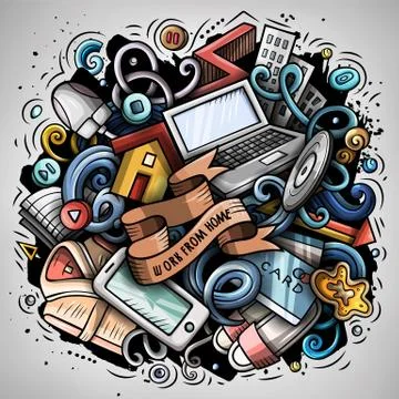Cartoon vector doodles Work from Home illustration. Bright colors picture Stock Illustration