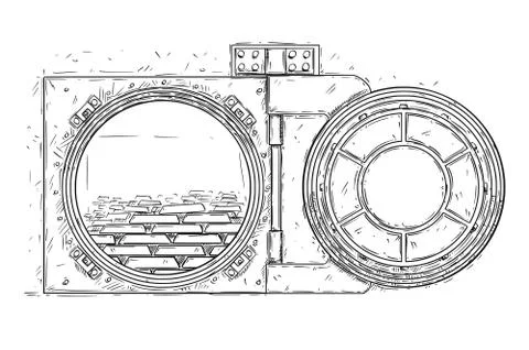 Cartoon Vector Drawing of Open Vault Door With Gold Bars 스톡 일러스트