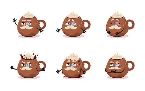 Cartoon vector emotion set of red cup with christmas drink. Cacao with Stock-Illustration