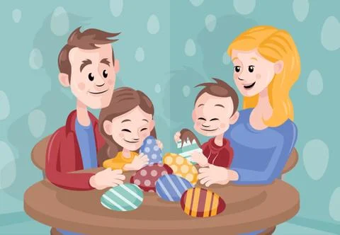 Cartoon Vector Family Celebrating Easter at Home Stock Illustration