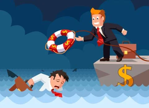Cartoon vector flat style of a bank employee throwing a lifebuoy to a drownin Stock Illustration