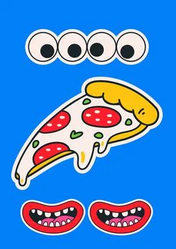 Cartoon vector funny cute Comic characters, pizza poster. 스톡 일러스트