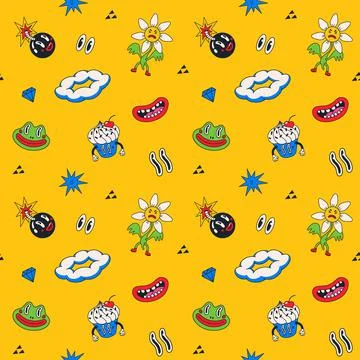 Cartoon vector funny cute Comic characters, seamless pattern. Stock Illustration
