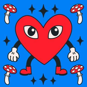 Cartoon vector funny cute Comic characters, heart with mushrooms. Stock Illustration