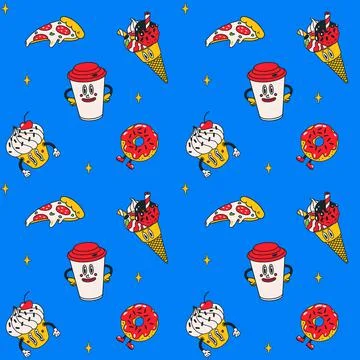 Cartoon vector funny cute Comic characters, seamless pattern. Stock Illustration