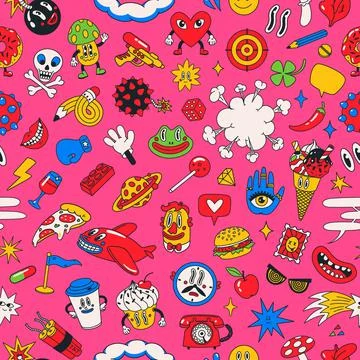 Cartoon vector funny cute Comic characters, seamless pattern. 스톡 일러스트