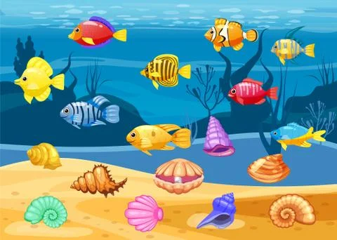 Cartoon Vector game icons with seashell, Colorful coral reef tropical fish Stock Illustration