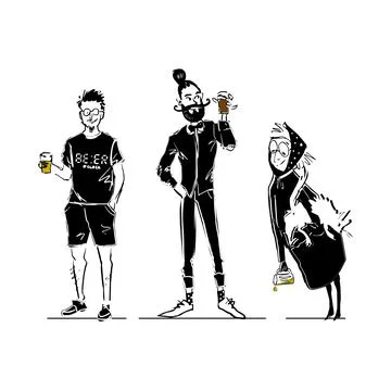 Cartoon vector hand drawing of two men toast with label for event flyer poste Stock Illustration