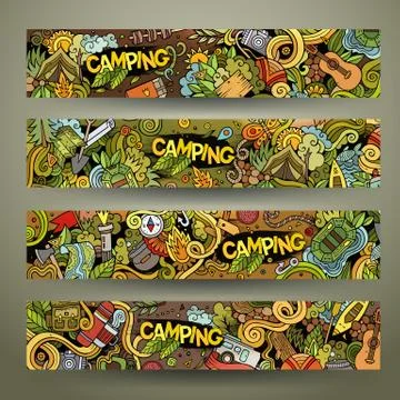 Cartoon vector hand-drawn camp doodle banners Stock Illustration