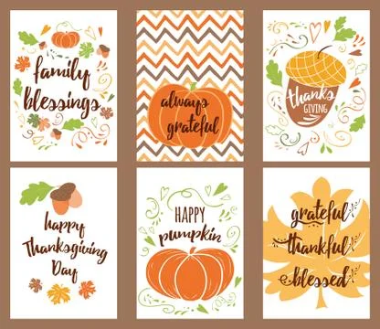 Cartoon vector hand drawn Doodle Happy Thanksgiving Day cards. Vertical banne Stock Illustration