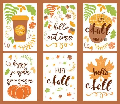 Cartoon vector hand drawn Doodle Happy Fall Autumn cards. Vertical banners de Stock Illustration