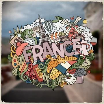 Cartoon vector hand drawn Doodle France word illustration Stock Illustration