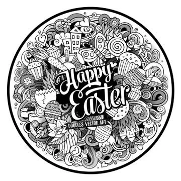 Cartoon vector hand drawn Doodle Happy Easter round design Stockillustratie