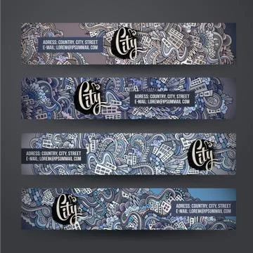 Cartoon vector hand-drawn Doodle city. Horizontal banners design Ilustración de archivo
