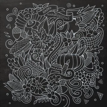 Cartoon vector hand-drawn Doodle Thanksgiving. Chalkboard design Stock Illustration
