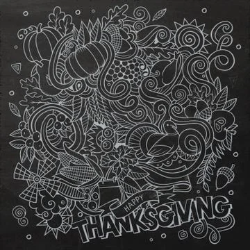 Cartoon vector hand-drawn Doodle Thanksgiving. Chalkboard design Stock Illustration