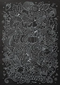 Cartoon vector hand-drawn Doodle Thanksgiving. Chalkboard design Stock Illustration