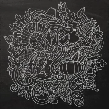 Cartoon vector hand-drawn Doodle Thanksgiving. Chalkboard design Stock Illustration