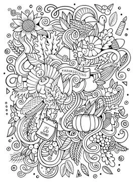 Cartoon vector hand-drawn Doodle Thanksgiving. Sketchy design Stock Illustration