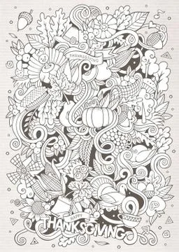 Cartoon vector hand-drawn Doodle Thanksgiving. Sketchy design Stock Illustration