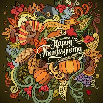 Cartoon vector hand drawn Doodle Thanksgiving illustration. Stock Illustration