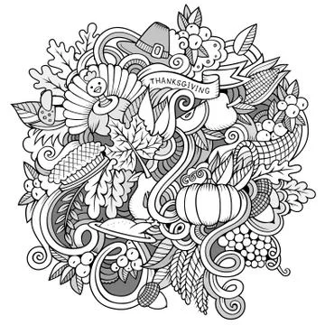 Cartoon vector hand-drawn Doodle Thanksgiving. Sketchy design Stock Illustration